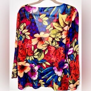 🌻Chico's Multi Color Floral Deep V-Neck Long Sleeve Sheer Coastal Silk Top M